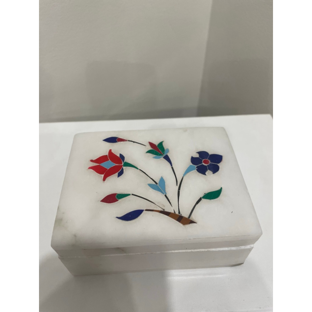Hand Carved White Marble Multicolor Floral Inlay Jewelry Box Vintage Jewelry Box